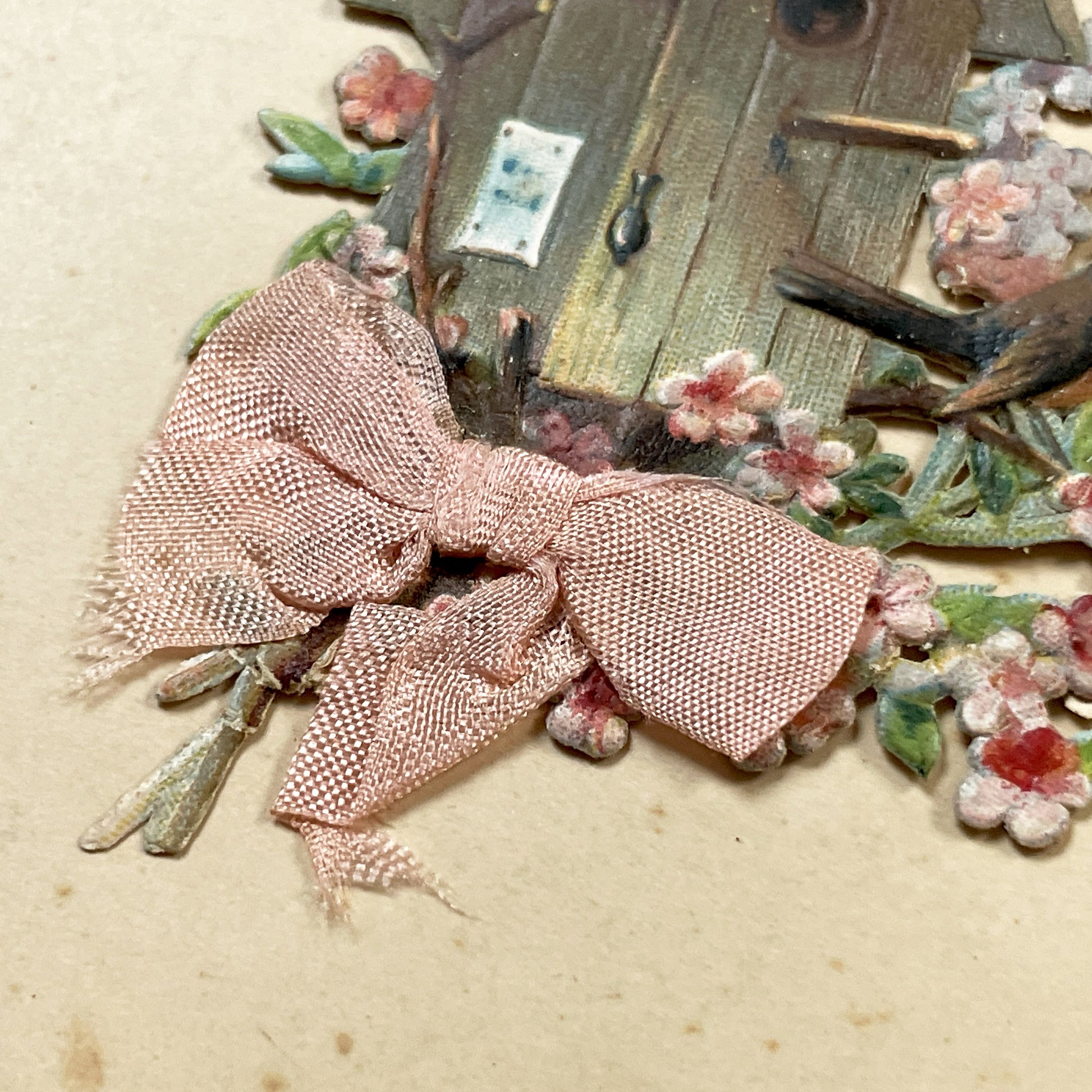 1900s - Vintage French New Year Postcard - Embossed Birdhouse with Robin - Applied Doves, Ribbon, and Dried Flora - Charming Ephemera