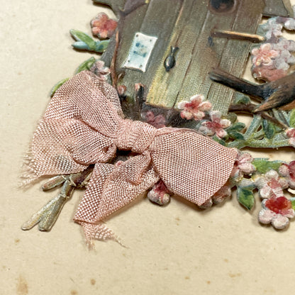 1900s - Vintage French New Year Postcard - Embossed Birdhouse with Robin - Applied Doves, Ribbon, and Dried Flora - Charming Ephemera