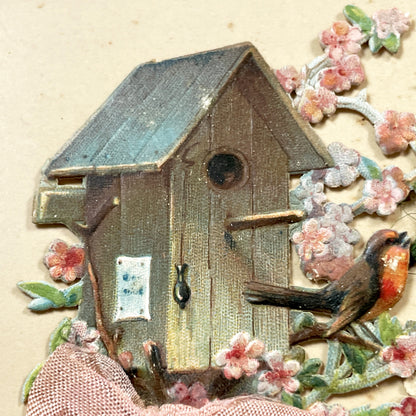 1900s - Vintage French New Year Postcard - Embossed Birdhouse with Robin - Applied Doves, Ribbon, and Dried Flora - Charming Ephemera