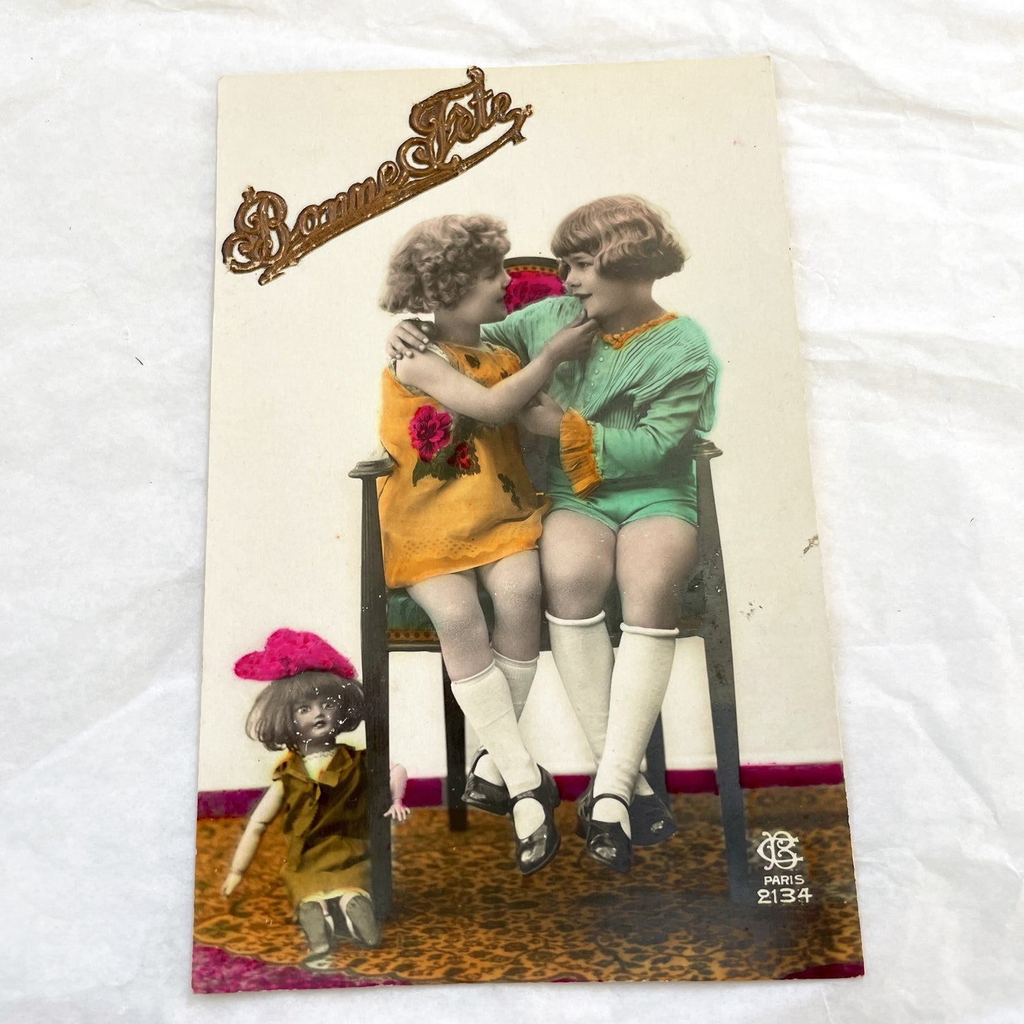 1910s - Antique French Bonne Fête Postcard - Hand-Tinted Girls - Charming Children - Doll - Embossed Gold Text - Vintage Greeting Card