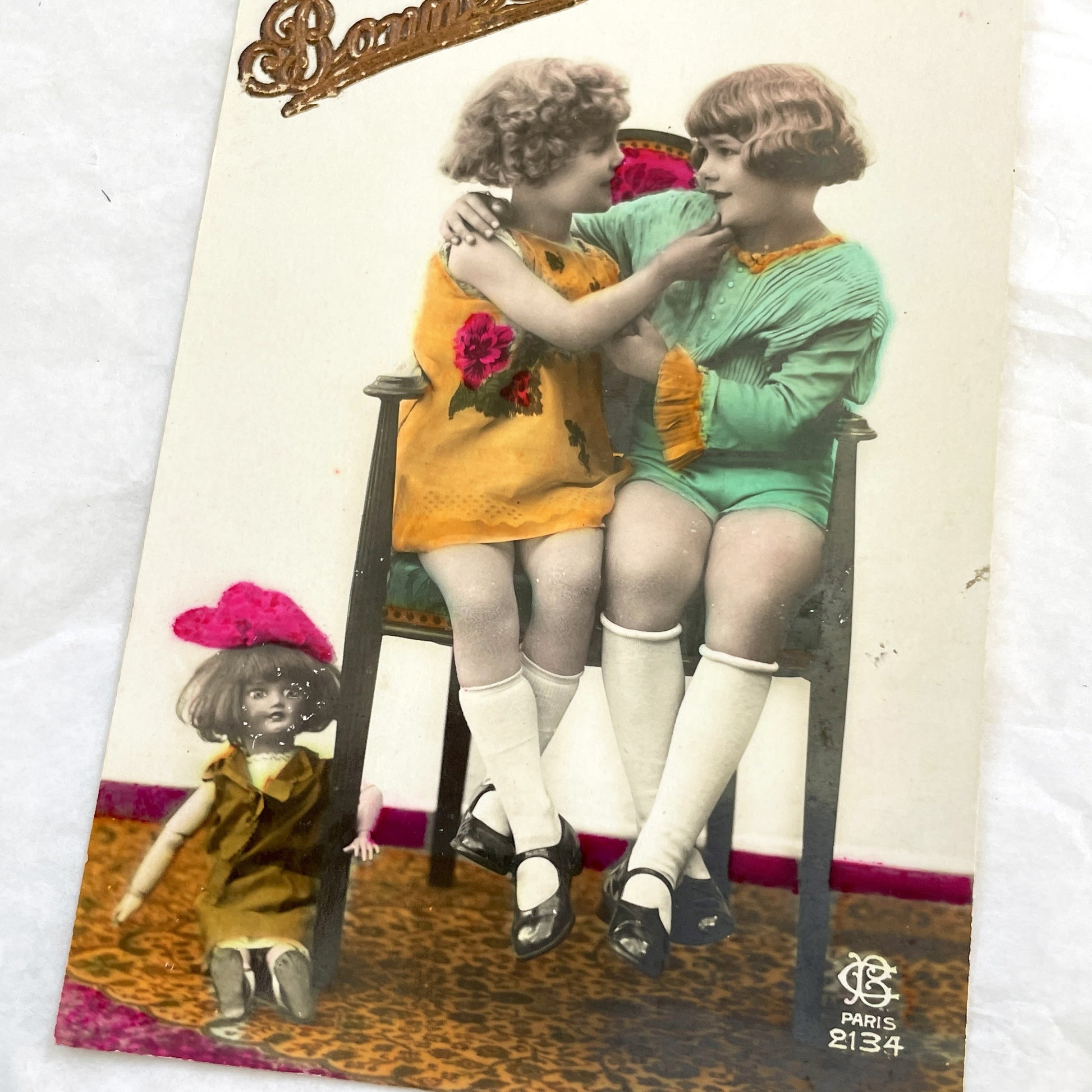 1910s - Antique French Bonne Fête Postcard - Hand-Tinted Girls - Charming Children - Doll - Embossed Gold Text - Vintage Greeting Card