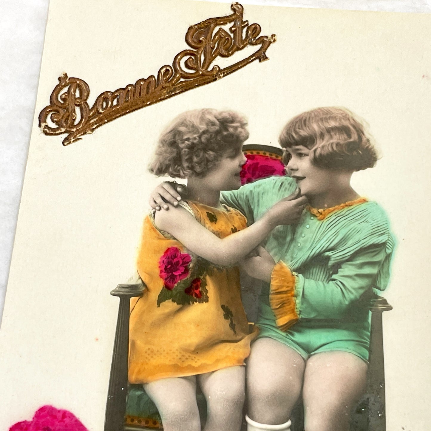 1910s - Antique French Bonne Fête Postcard - Hand-Tinted Girls - Charming Children - Doll - Embossed Gold Text - Vintage Greeting Card