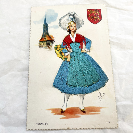 1960s - Vintage French Normandy Embroidered Postcard - Traditional Regional Costume - Folk Art - France Travel Souvenir - Unique Handcraft