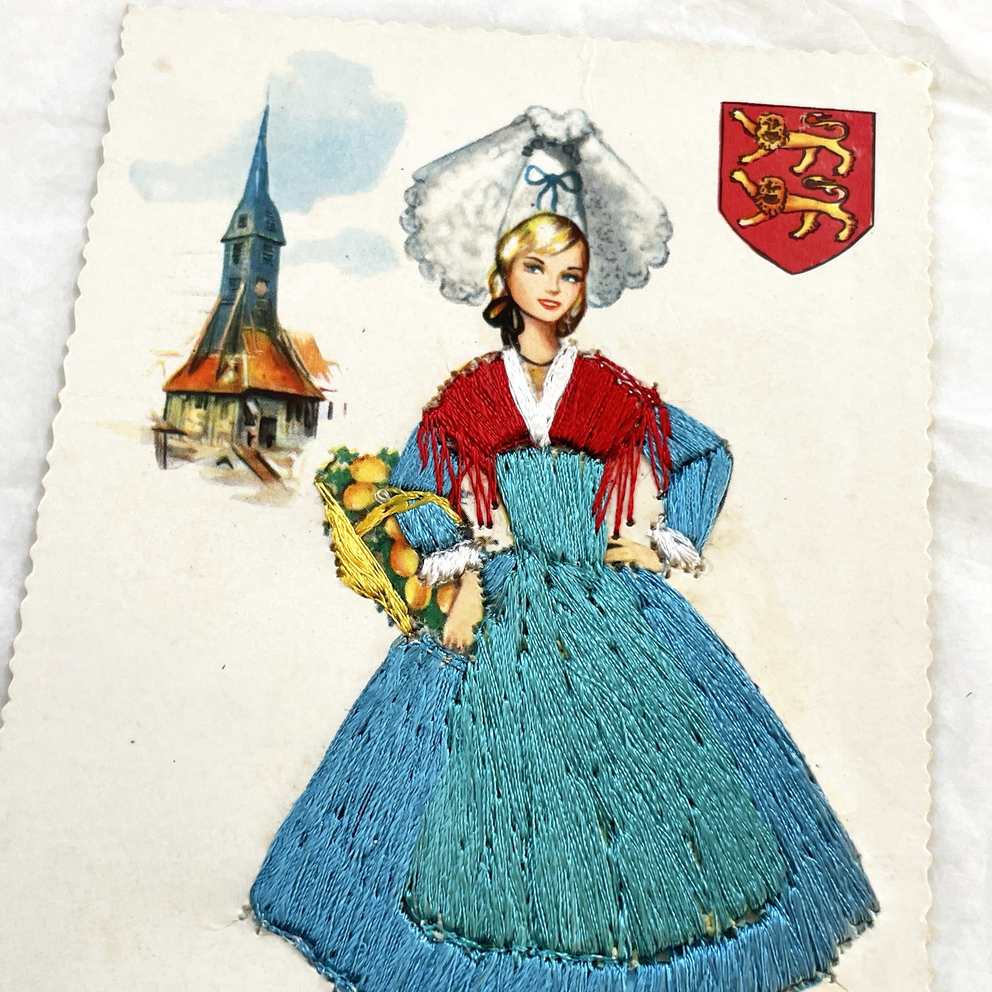 1960s - Vintage French Normandy Embroidered Postcard - Traditional Regional Costume - Folk Art - France Travel Souvenir - Unique Handcraft