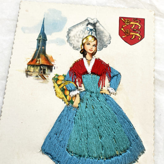 1960s - Vintage French Normandy Embroidered Postcard - Traditional Regional Costume - Folk Art - France Travel Souvenir - Unique Handcraft