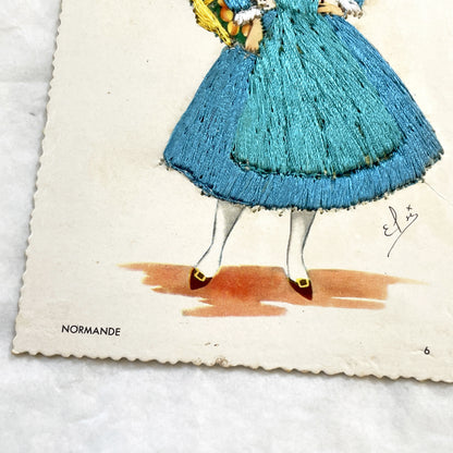 1960s - Vintage French Normandy Embroidered Postcard - Traditional Regional Costume - Folk Art - France Travel Souvenir - Unique Handcraft