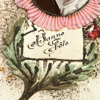 1930s - Vintage French Bonne Fête Greeting Card - Young Couple Photo - Embossed Pink Ribbon - Green Glitter Laurel - Keepsake Ephemera