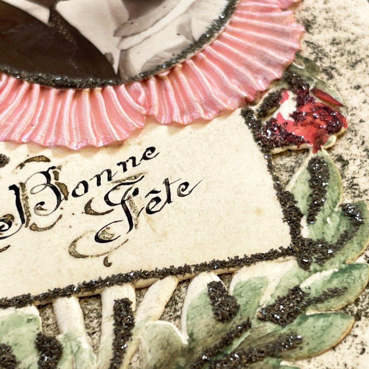 1930s - Vintage French Bonne Fête Greeting Card - Young Couple Photo - Embossed Pink Ribbon - Green Glitter Laurel - Keepsake Ephemera