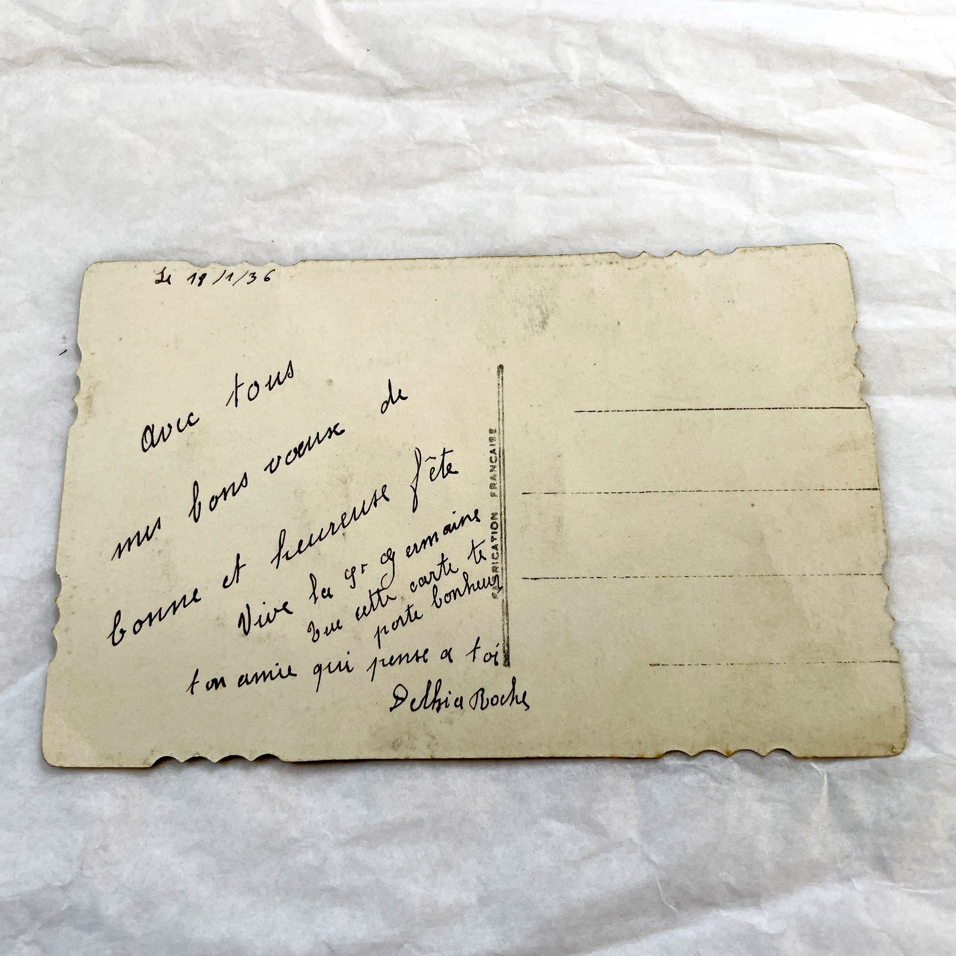 1930s - Vintage French Bonne Fête Greeting Card - Young Couple Photo - Embossed Pink Ribbon - Green Glitter Laurel - Keepsake Ephemera