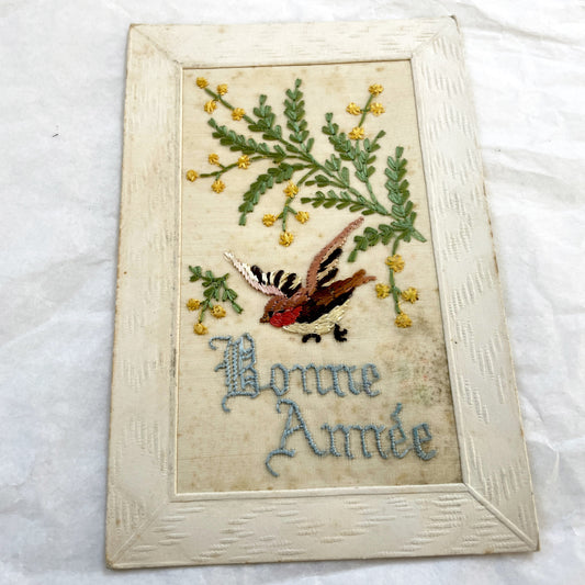 1920s - Antique French Embroidered Postcard - Bonne Année - Vintage Silk Bird Mimosa Floral Greeting Card - Textile Art Decor