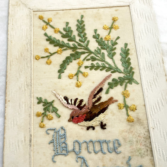 1920s - Antique French Embroidered Postcard - Bonne Année - Vintage Silk Bird Mimosa Floral Greeting Card - Textile Art Decor