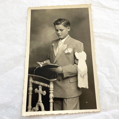 1940s - Vintage First Holy Communion Photo - Young Boy Religious Sacrament - Portrait Studio Photography - Catholic Christian Keepsake