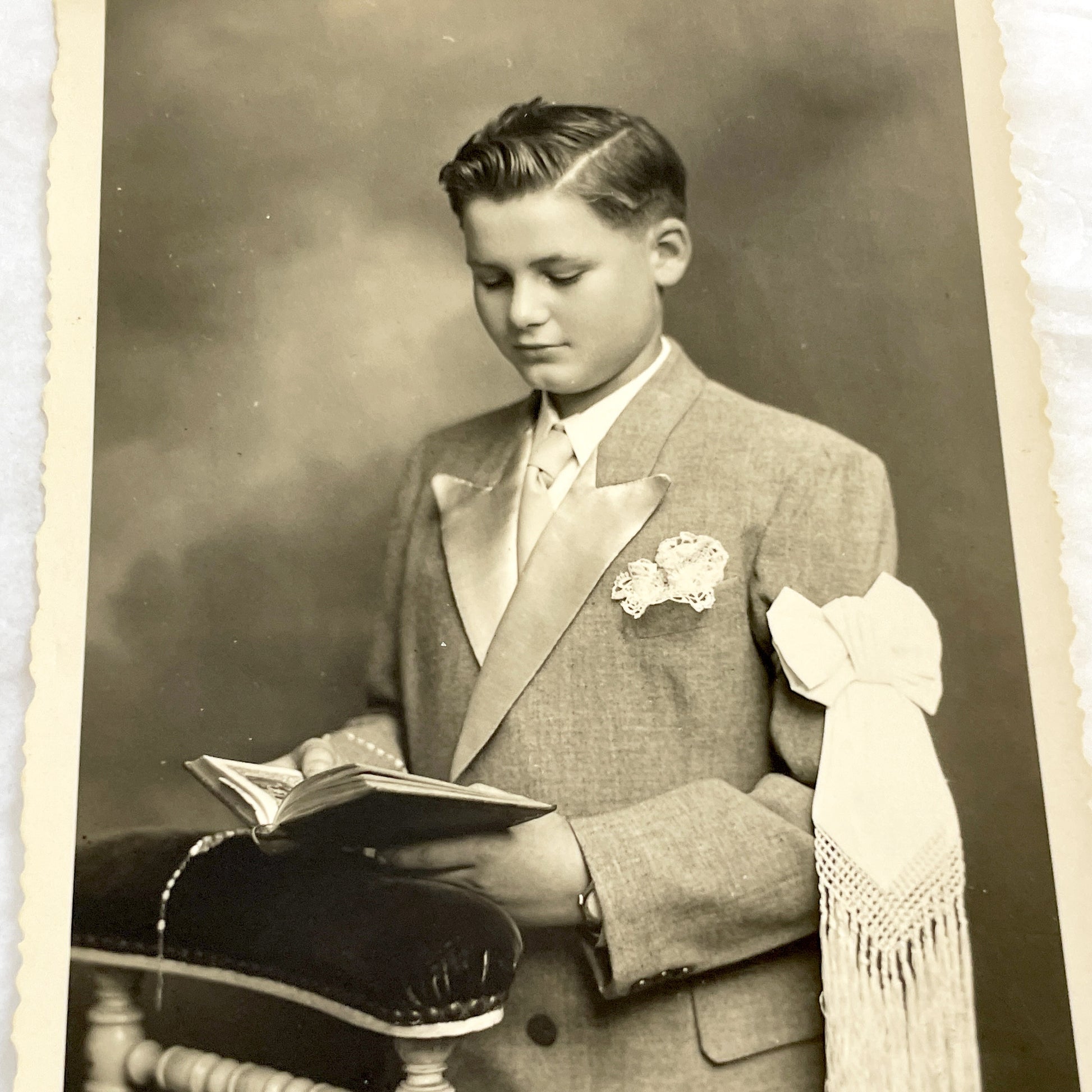 1940s - Vintage First Holy Communion Photo - Young Boy Religious Sacrament - Portrait Studio Photography - Catholic Christian Keepsake