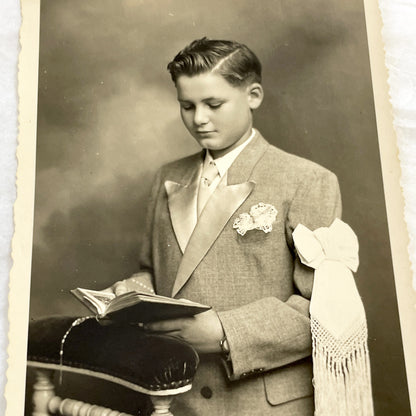 1940s - Vintage First Holy Communion Photo - Young Boy Religious Sacrament - Portrait Studio Photography - Catholic Christian Keepsake