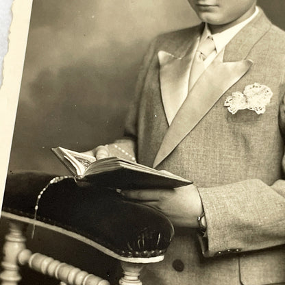 1940s - Vintage First Holy Communion Photo - Young Boy Religious Sacrament - Portrait Studio Photography - Catholic Christian Keepsake