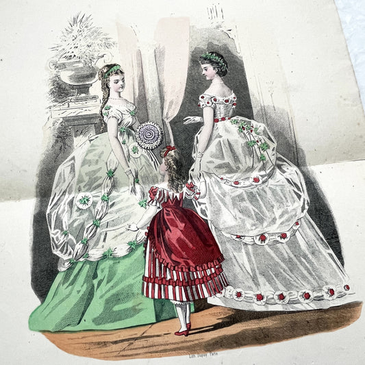 1860s French fashion plate depicting two women in elaborate ball gowns and a child in a red and white striped dress.