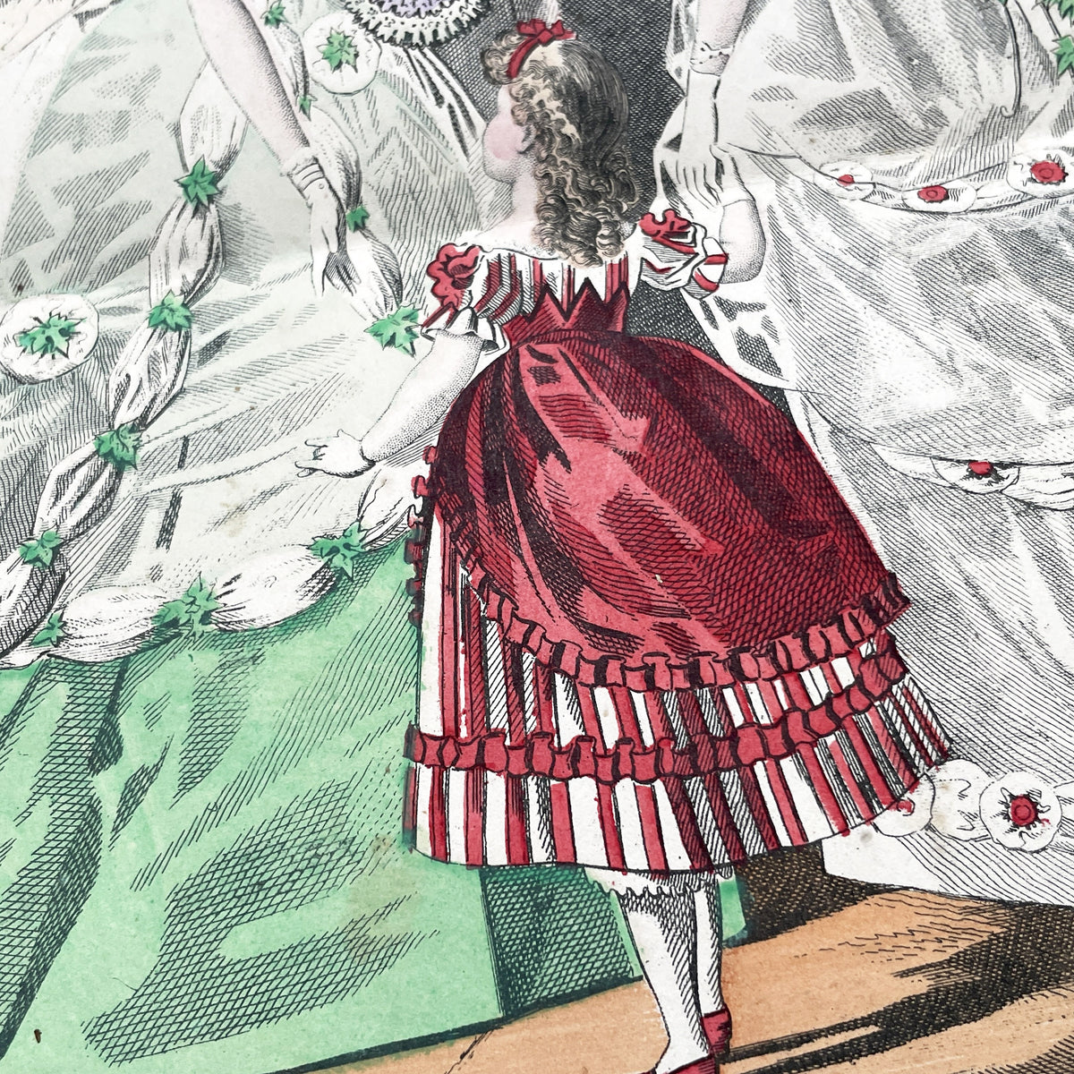 1860s French fashion plate depicting two women in elaborate ball gowns and a child in a red and white striped dress.