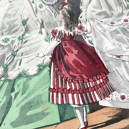 1860s French fashion plate depicting two women in elaborate ball gowns and a child in a red and white striped dress.