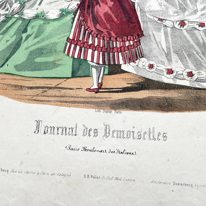 1860s French fashion plate depicting two women in elaborate ball gowns and a child in a red and white striped dress.