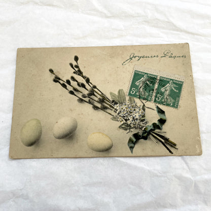 1910s - French Easter Postcard - Vintage Floral Bouquet - Pussy Willow Eggs - Antique Spring Holiday Ephemera - Rare Collectible Gift