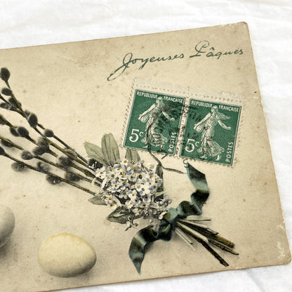 1910s - French Easter Postcard - Vintage Floral Bouquet - Pussy Willow Eggs - Antique Spring Holiday Ephemera - Rare Collectible Gift