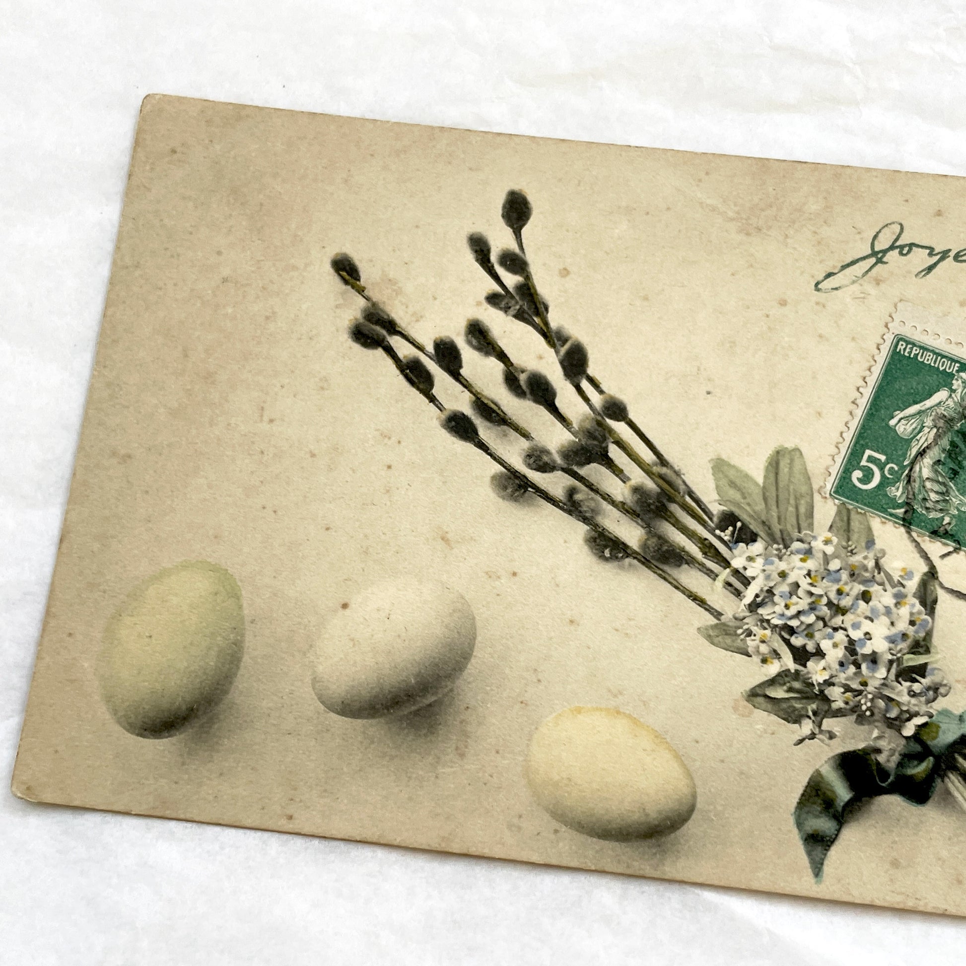 1910s - French Easter Postcard - Vintage Floral Bouquet - Pussy Willow Eggs - Antique Spring Holiday Ephemera - Rare Collectible Gift