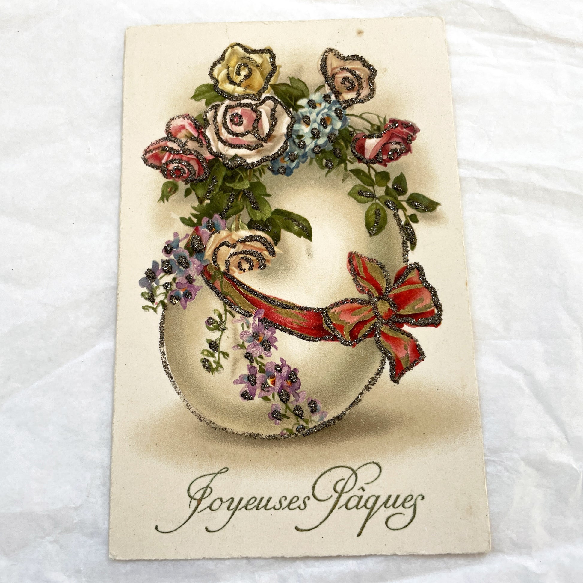1950s - Vintage French Easter Postcard - Delicate Floral Wreath Design - Sparkling Glitter Embellishment - Joyeuses Paques Greeting