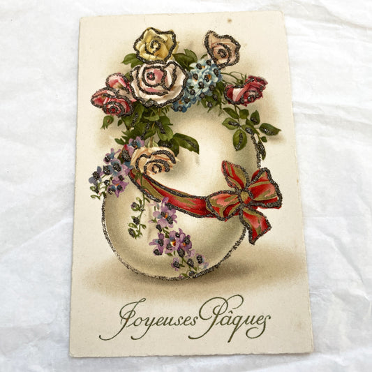 1950s - Vintage French Easter Postcard - Delicate Floral Wreath Design - Sparkling Glitter Embellishment - Joyeuses Paques Greeting