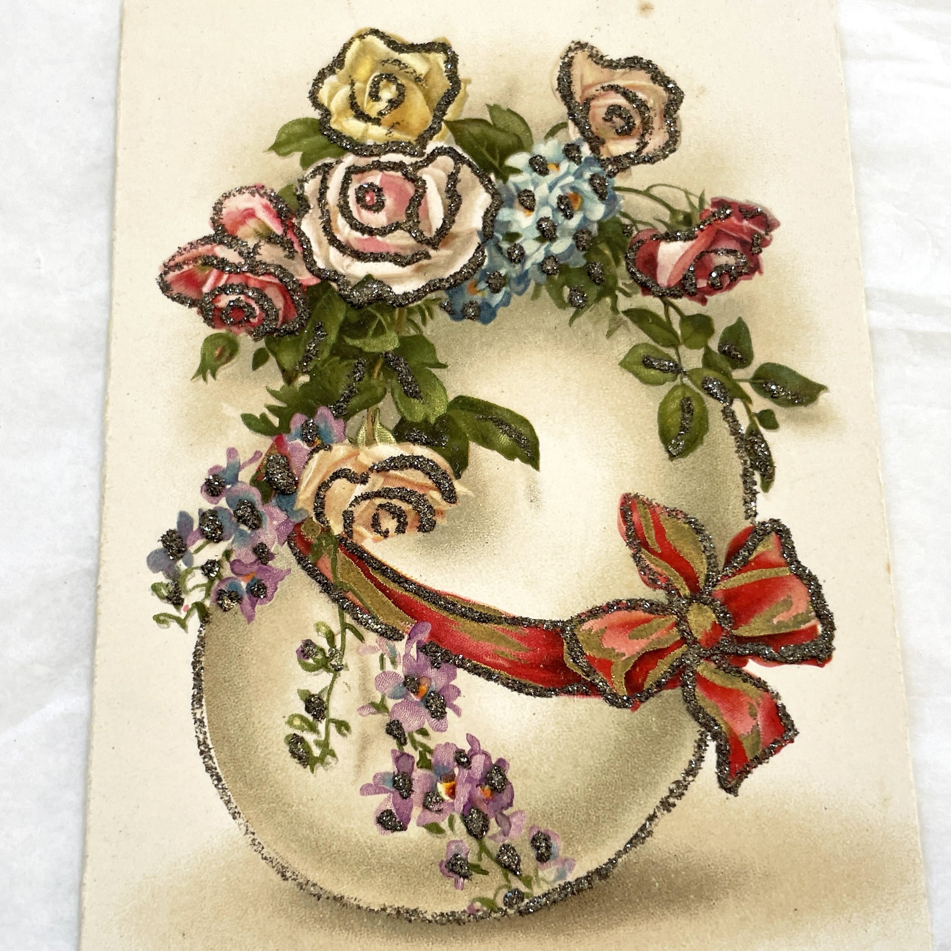 1950s - Vintage French Easter Postcard - Delicate Floral Wreath Design - Sparkling Glitter Embellishment - Joyeuses Paques Greeting