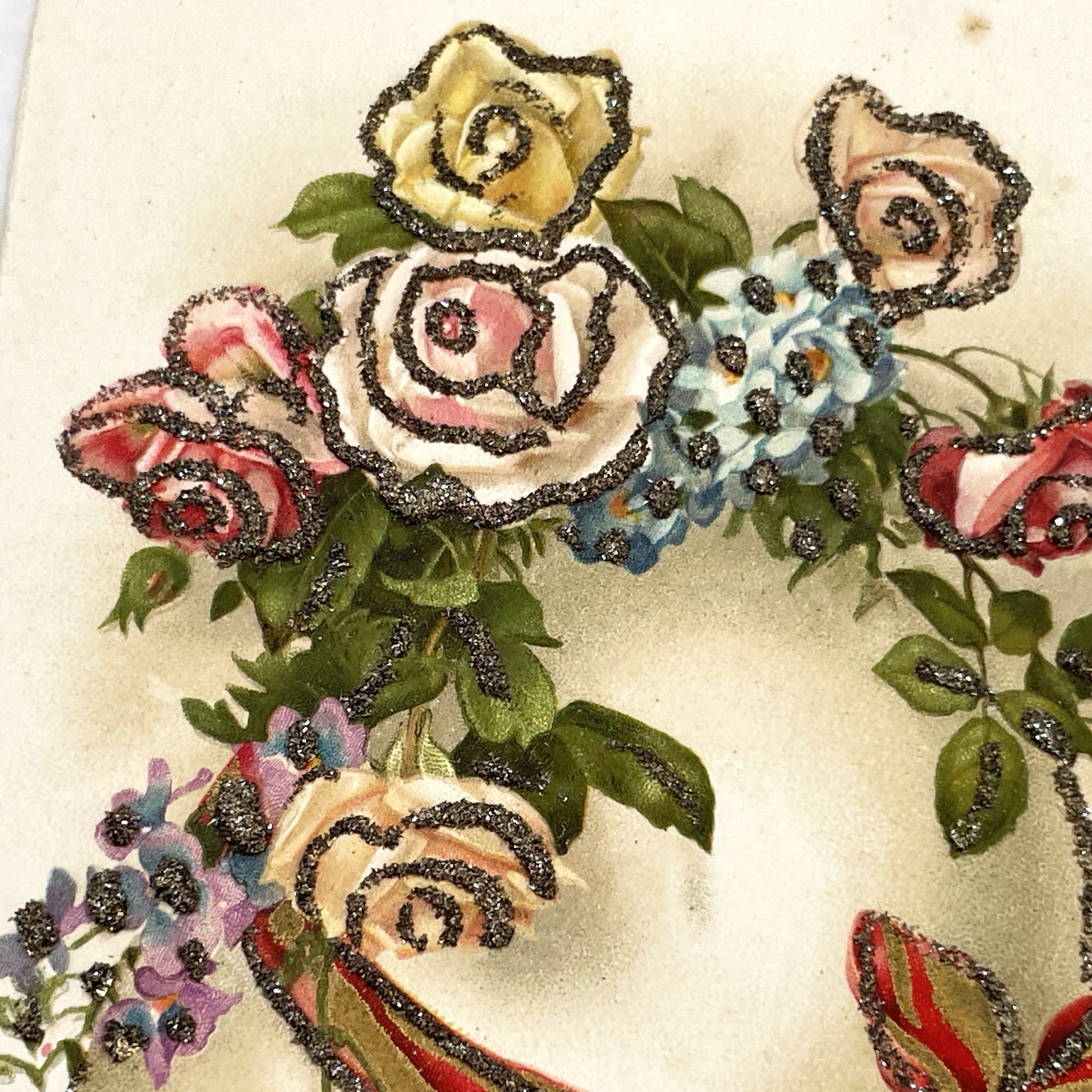 1950s - Vintage French Easter Postcard - Delicate Floral Wreath Design - Sparkling Glitter Embellishment - Joyeuses Paques Greeting