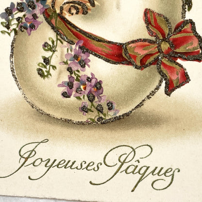 1950s - Vintage French Easter Postcard - Delicate Floral Wreath Design - Sparkling Glitter Embellishment - Joyeuses Paques Greeting