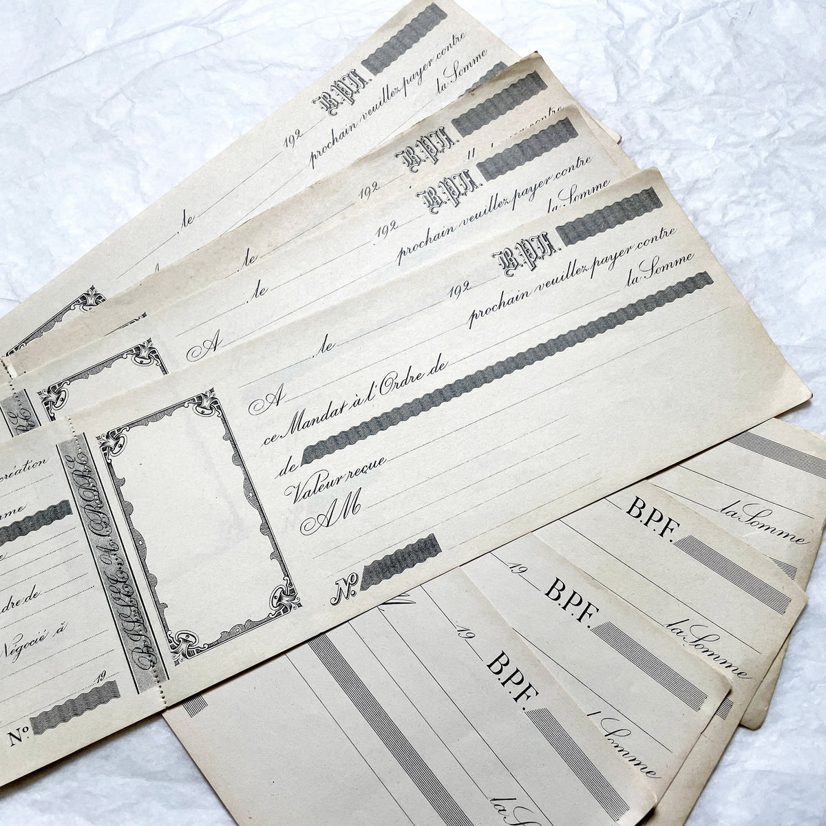1920s French financial documents lot - vintage blank bank mandate and receipt forms with decorative script typography.