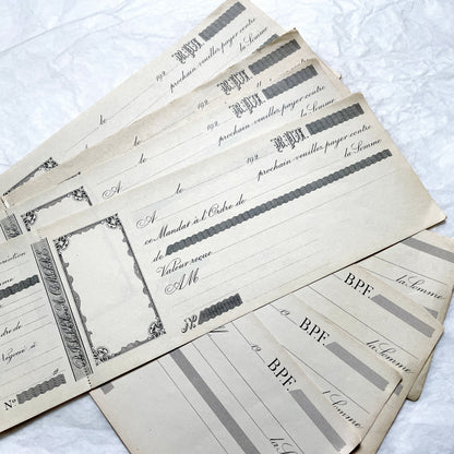 1920s French financial documents lot - vintage blank bank mandate and receipt forms with decorative script typography.