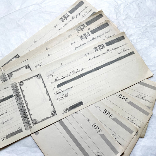 1920s French financial documents lot - vintage blank bank mandate and receipt forms with decorative script typography.