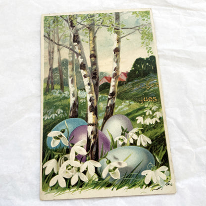 1900s - Vintage Easter Postcard - French Joyeuses Pâques - Birches Snowdrops Eggs - Spring Holiday Greeting Card Collectible Art Nouveau