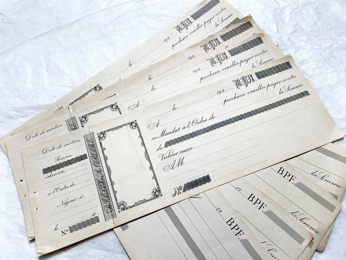 1920s French financial documents lot - vintage blank bank mandate and receipt forms with decorative script typography.