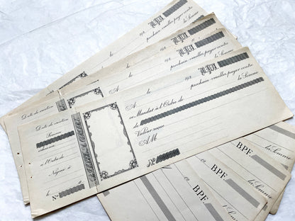 1920s French financial documents lot - vintage blank bank mandate and receipt forms with decorative script typography.