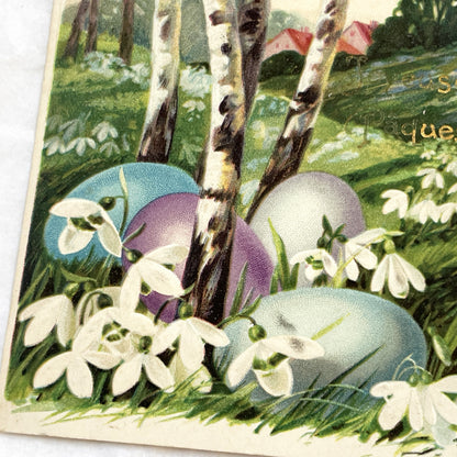 1900s - Vintage Easter Postcard - French Joyeuses Pâques - Birches Snowdrops Eggs - Spring Holiday Greeting Card Collectible Art Nouveau