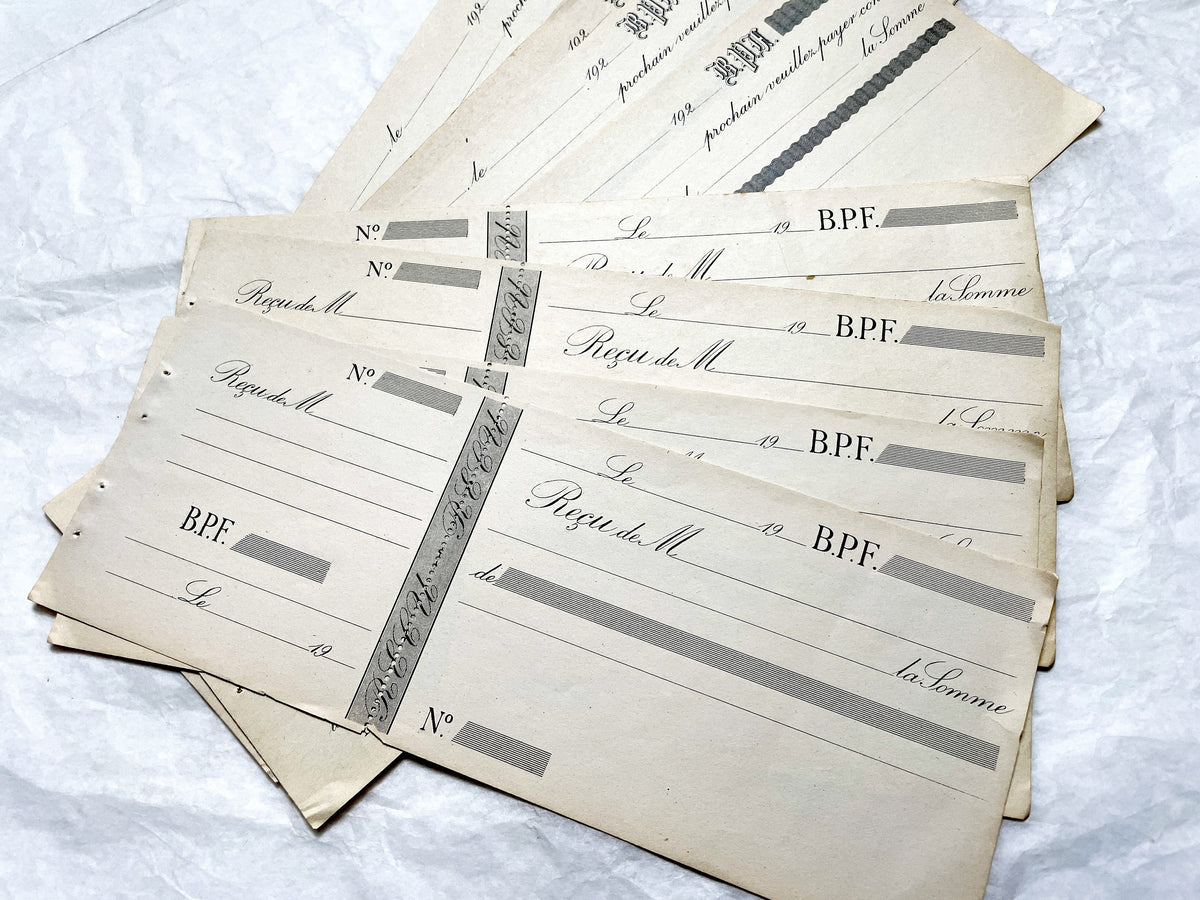 1920s French financial documents lot - vintage blank bank mandate and receipt forms with decorative script typography.