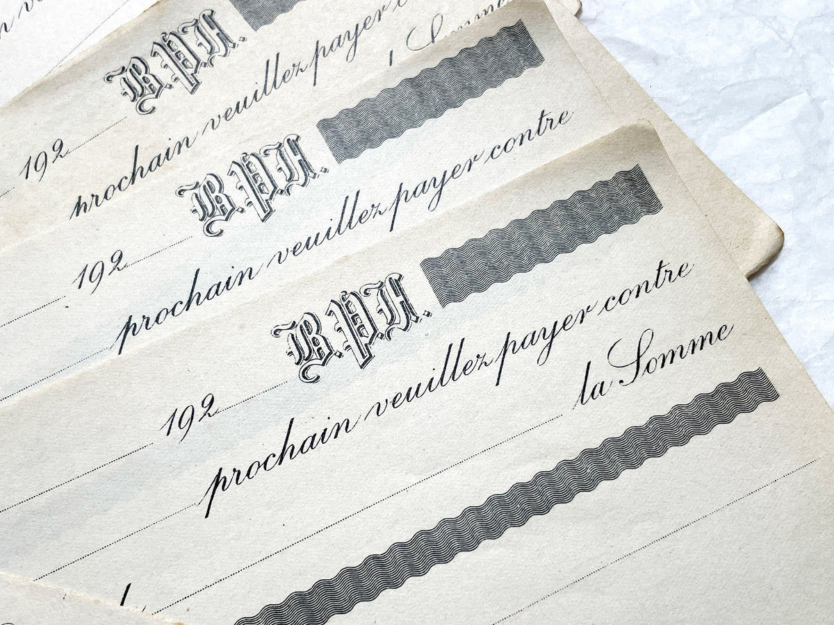 1920s French financial documents lot - vintage blank bank mandate and receipt forms with decorative script typography.