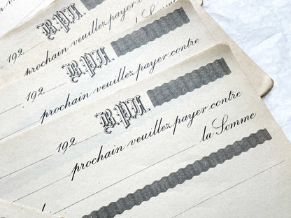 1920s French financial documents lot - vintage blank bank mandate and receipt forms with decorative script typography.