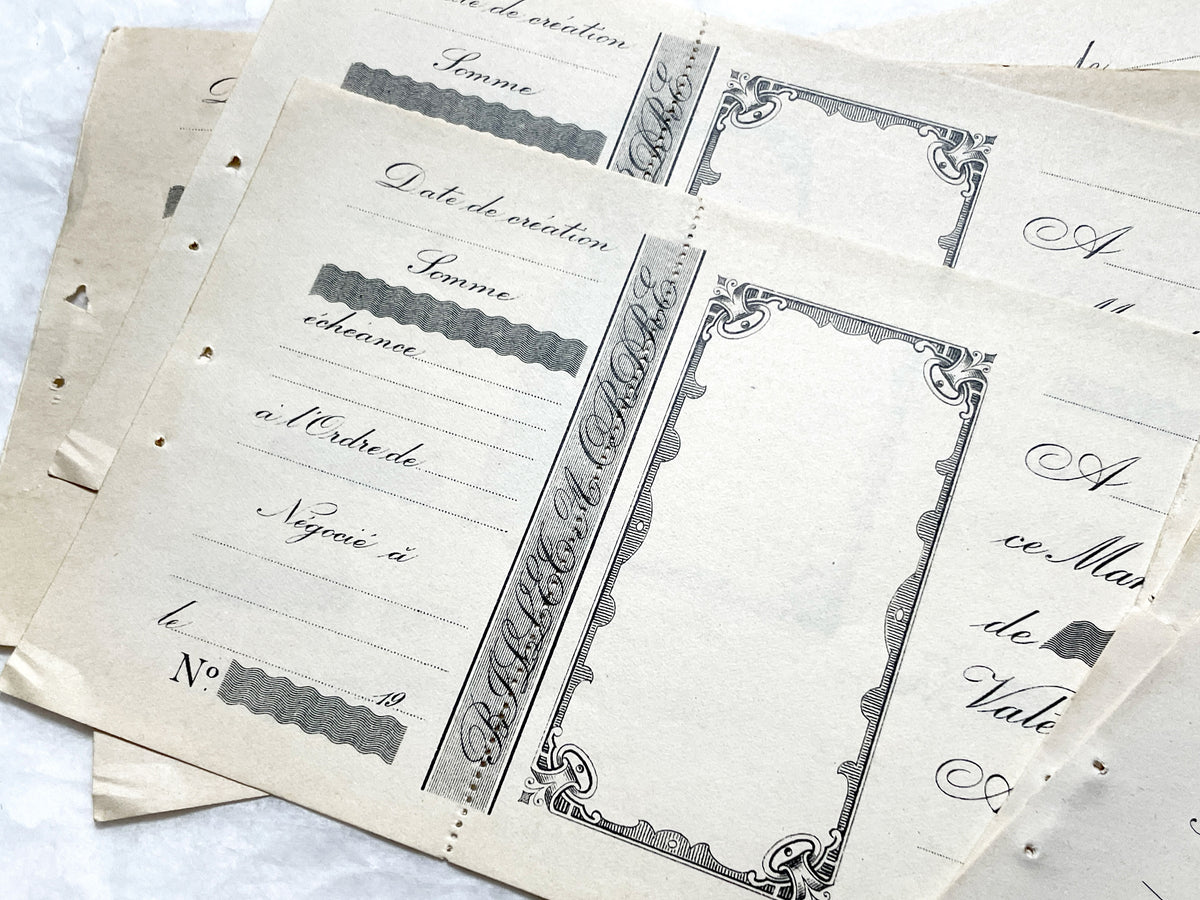 1920s French financial documents lot - vintage blank bank mandate and receipt forms with decorative script typography.