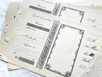 1920s French financial documents lot - vintage blank bank mandate and receipt forms with decorative script typography.