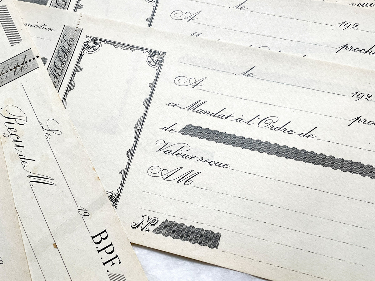 1920s French financial documents lot - vintage blank bank mandate and receipt forms with decorative script typography.