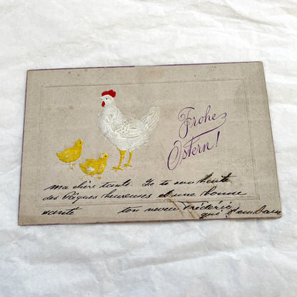 1900s - Vintage Easter Postcard - Frohe Ostern German Greeting - Hand-Written French Note - Charming Hen And Chicks - Ephemera Collectible