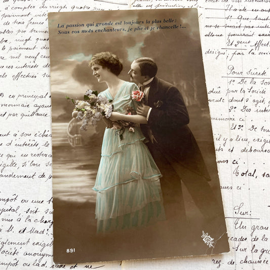 1900s - Romantic Couple Postcard - Vintage French Lovers Sepia Photo - Tinted Woman Man Embrace - Elegant Love Souvenir