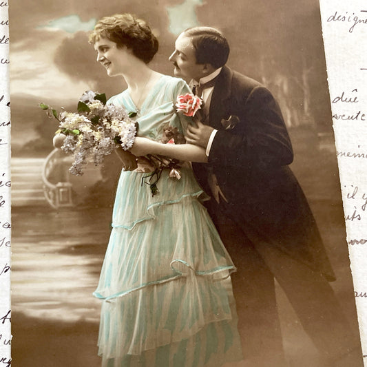 1900s - Romantic Couple Postcard - Vintage French Lovers Sepia Photo - Tinted Woman Man Embrace - Elegant Love Souvenir