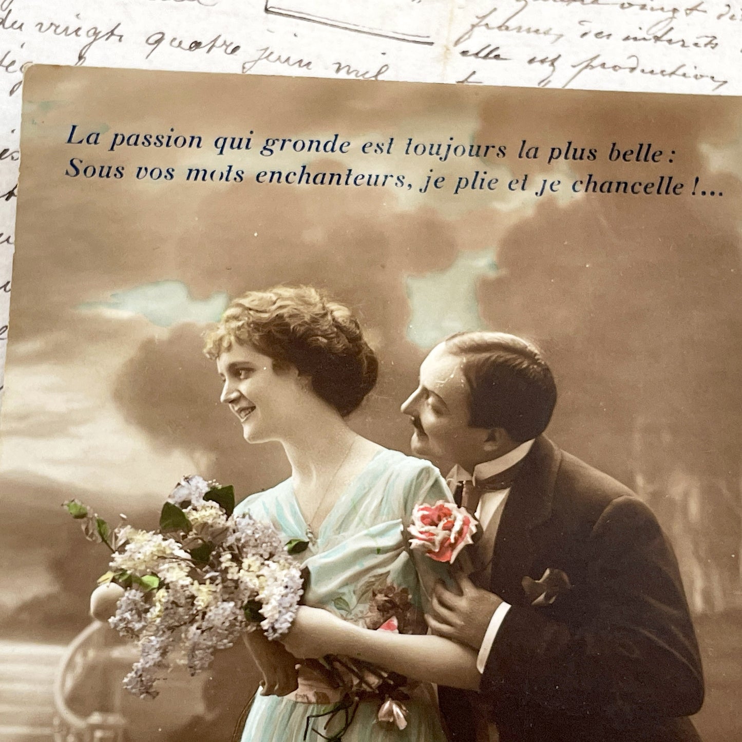 1900s - Romantic Couple Postcard - Vintage French Lovers Sepia Photo - Tinted Woman Man Embrace - Elegant Love Souvenir