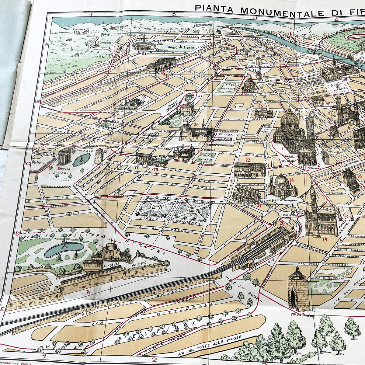 1950s vintage Italian map of Florence with index booklet, showing city plan and the Florentine lily emblem.
