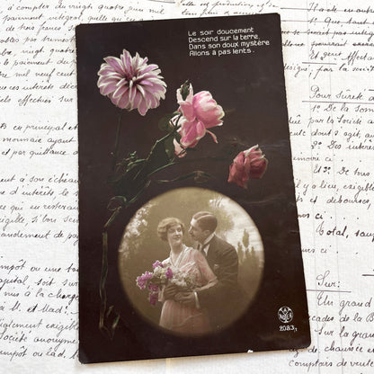 1910s - Vintage French Romantic Postcard - Sepia Photo Couple with Pink Flowers - Hand Colored Art Nouveau Style Card - Poetic Love Verse